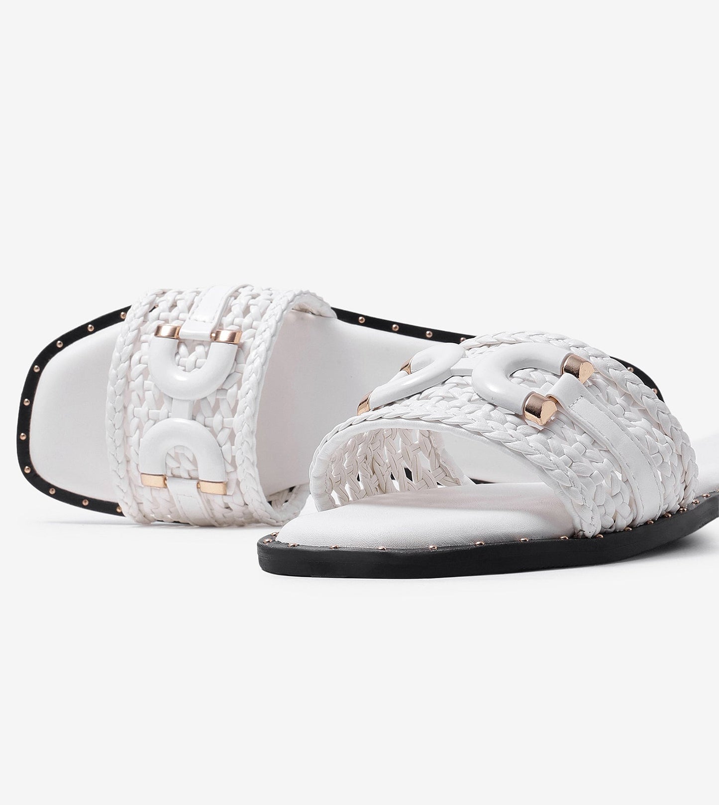 Woven Buckle Detail Slide Flats - White