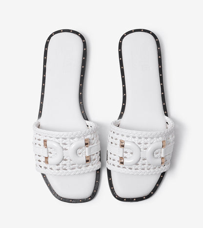 Woven Buckle Detail Slide Flats - White