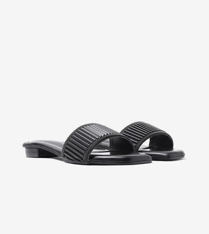 Elegant Pleated Edge Slide Flats - Black