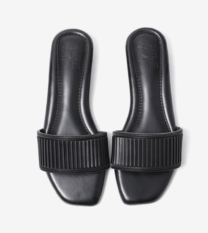 Elegant Pleated Edge Slide Flats - Black