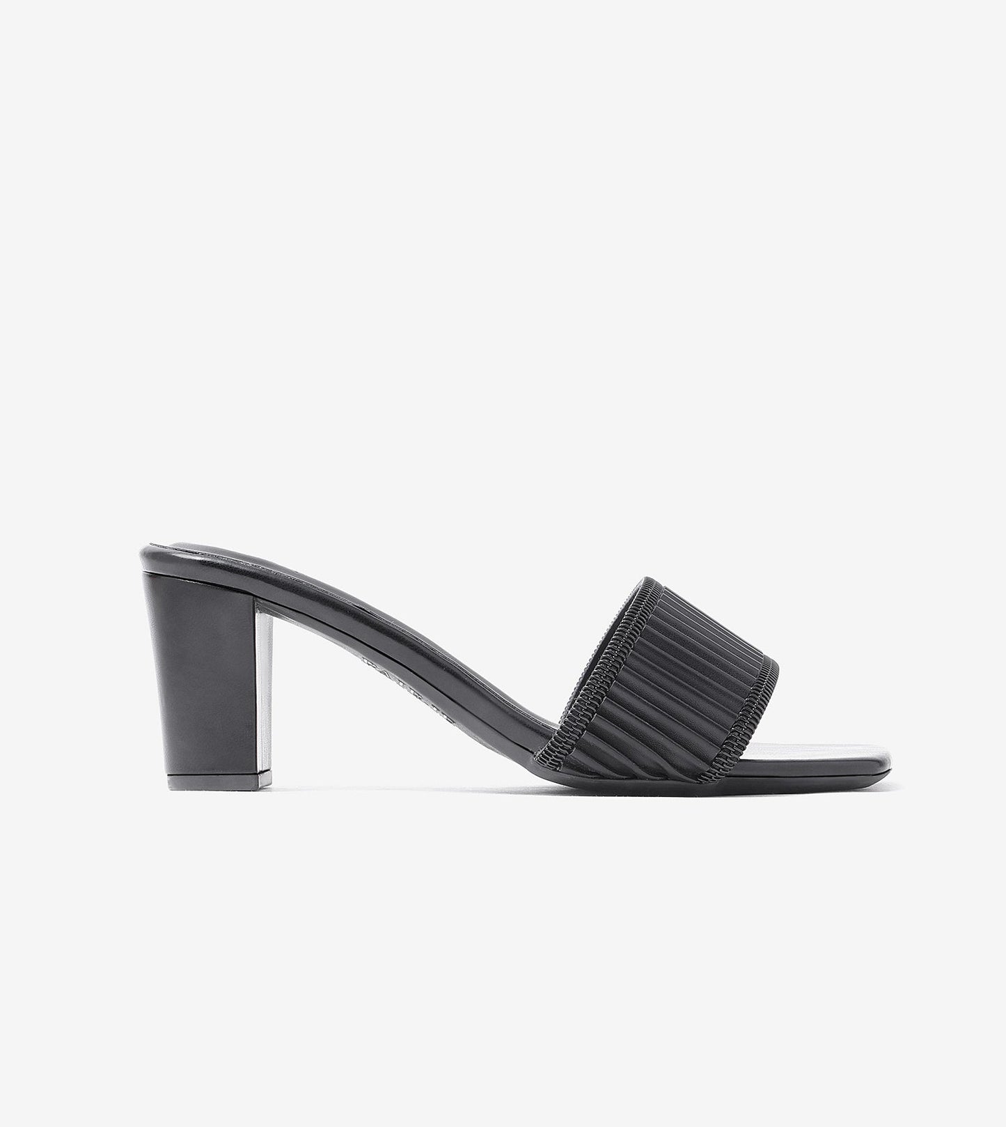 Pleated Strap Block Heel Slides - Black