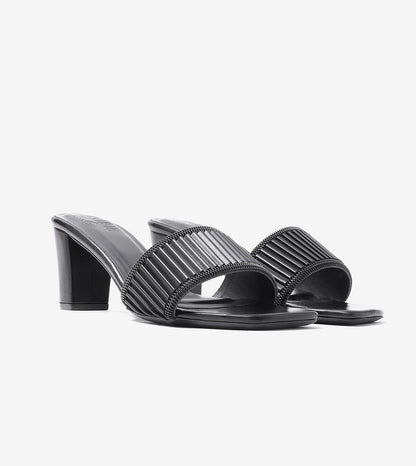 Pleated Strap Block Heel Slides - Black