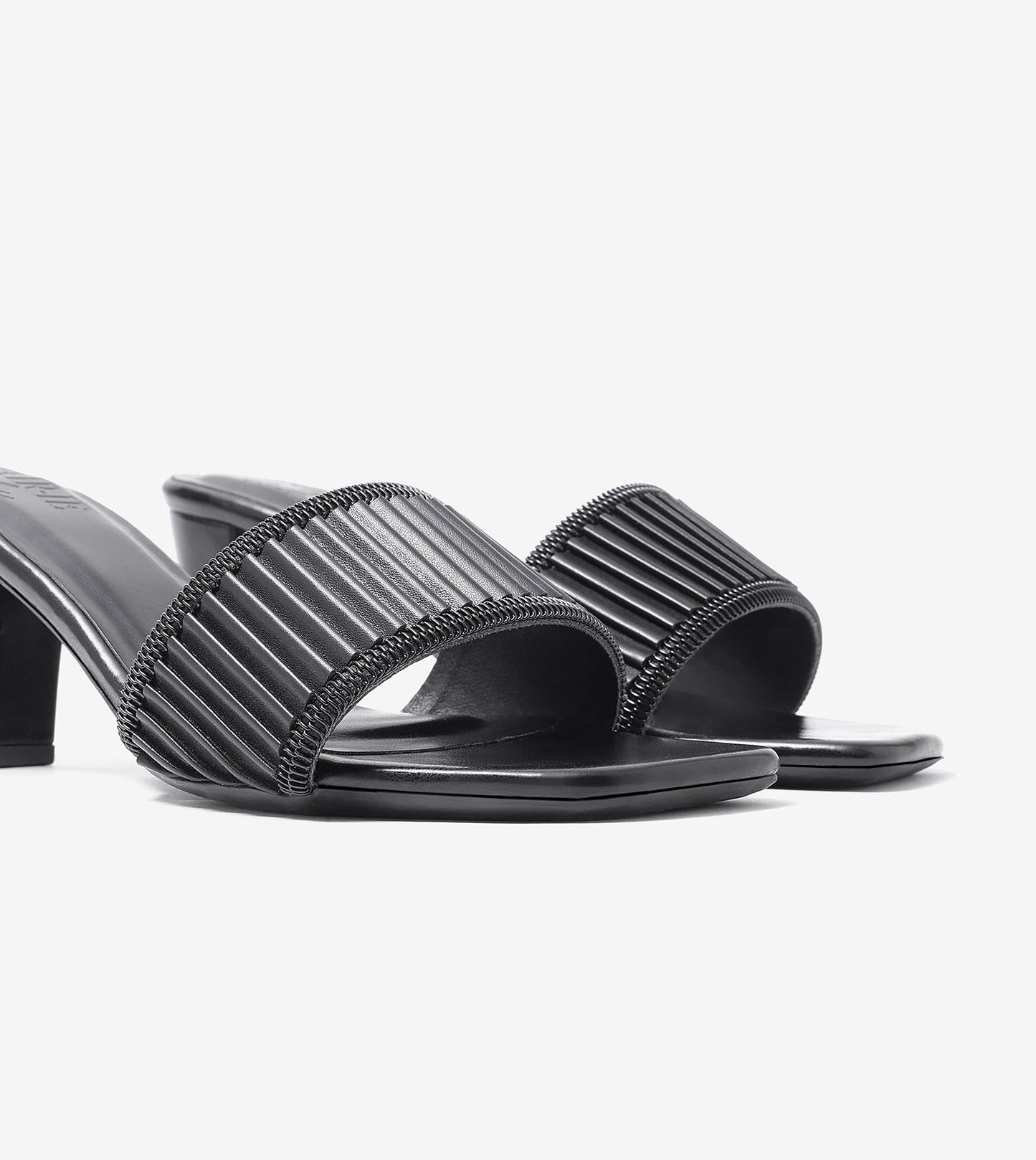 Pleated Strap Block Heel Slides - Black