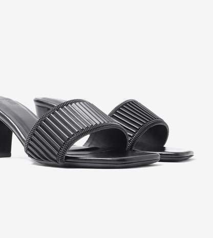 Pleated Strap Block Heel Slides - Black