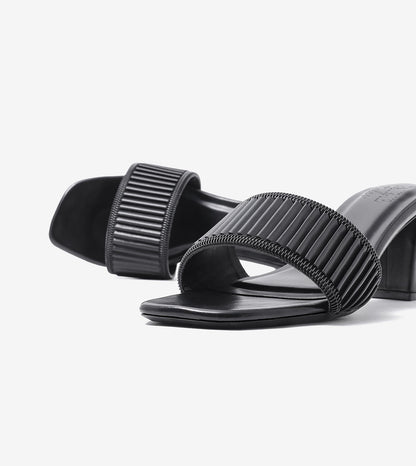 Pleated Strap Block Heel Slides - Black
