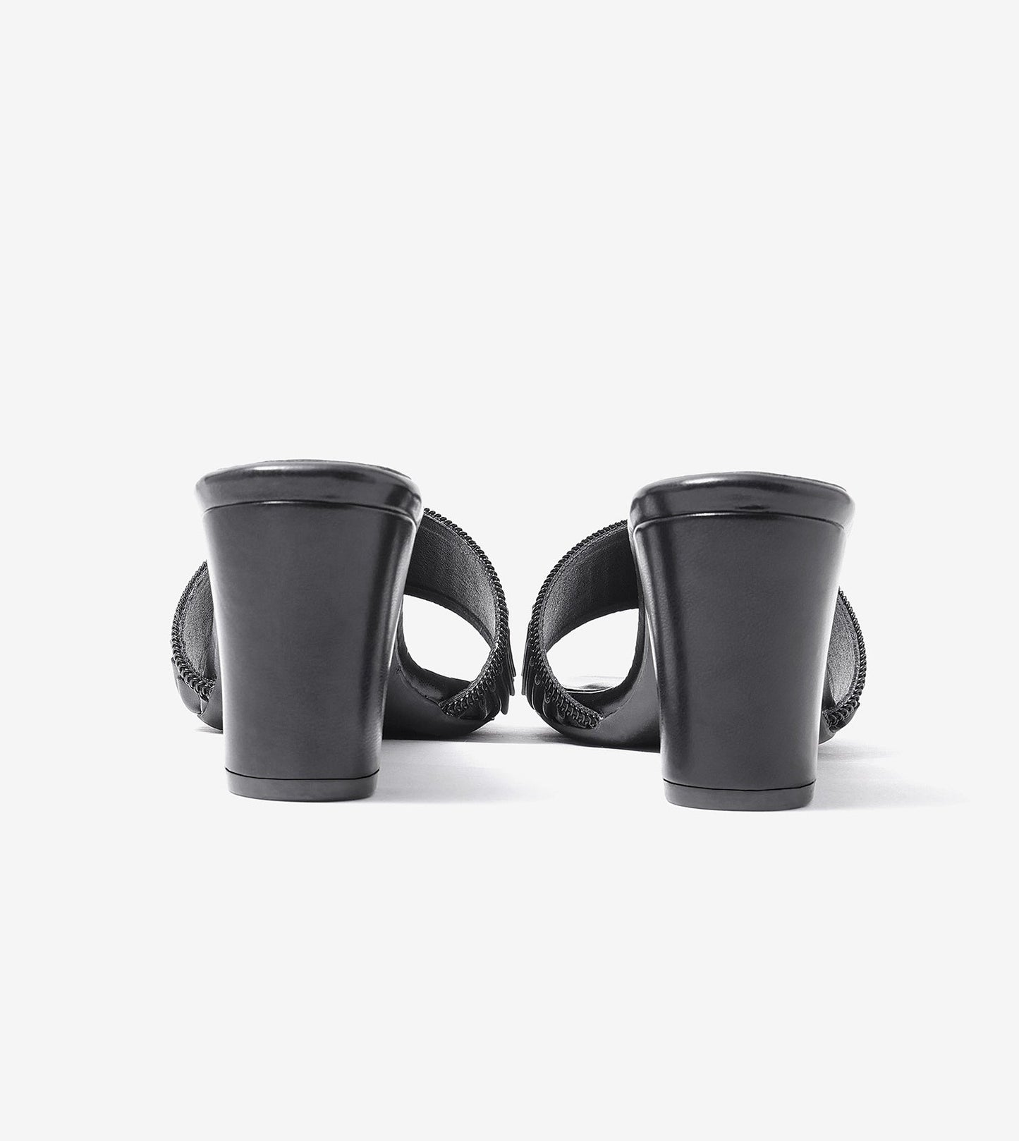 Pleated Strap Block Heel Slides - Black