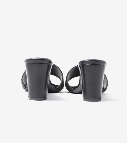 Pleated Strap Block Heel Slides - Black