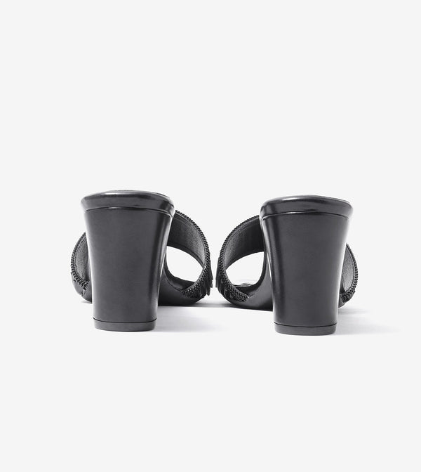 Pleated Strap Block Heel Slides - Black
