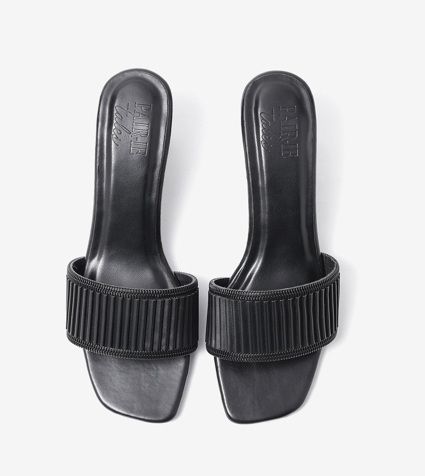 Pleated Strap Block Heel Slides - Black