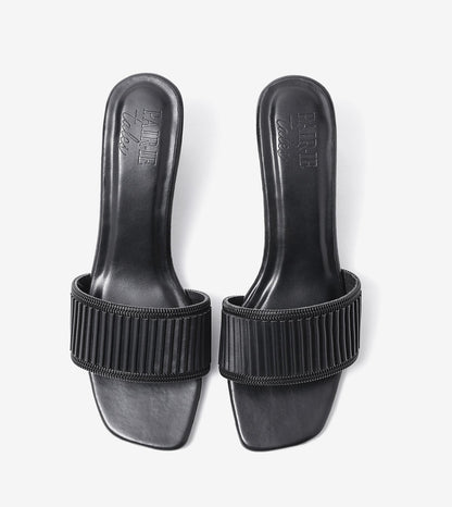 Pleated Strap Block Heel Slides - Black