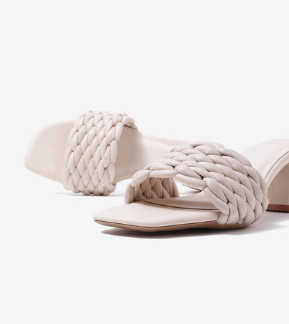 Braided Statement Block-Heel Mules - Beige