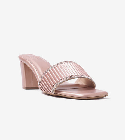 Pleated Strap Block Heel Slides - Rose Gold