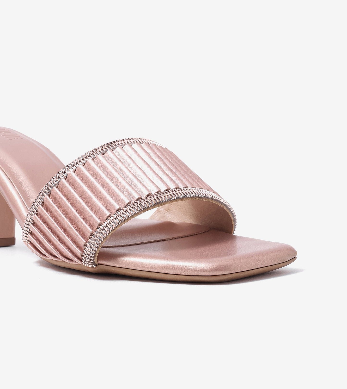 Pleated Strap Block Heel Slides - Rose Gold