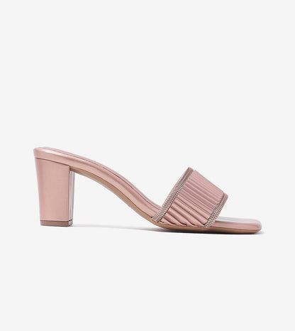 Pleated Strap Block Heel Slides - Rose Gold