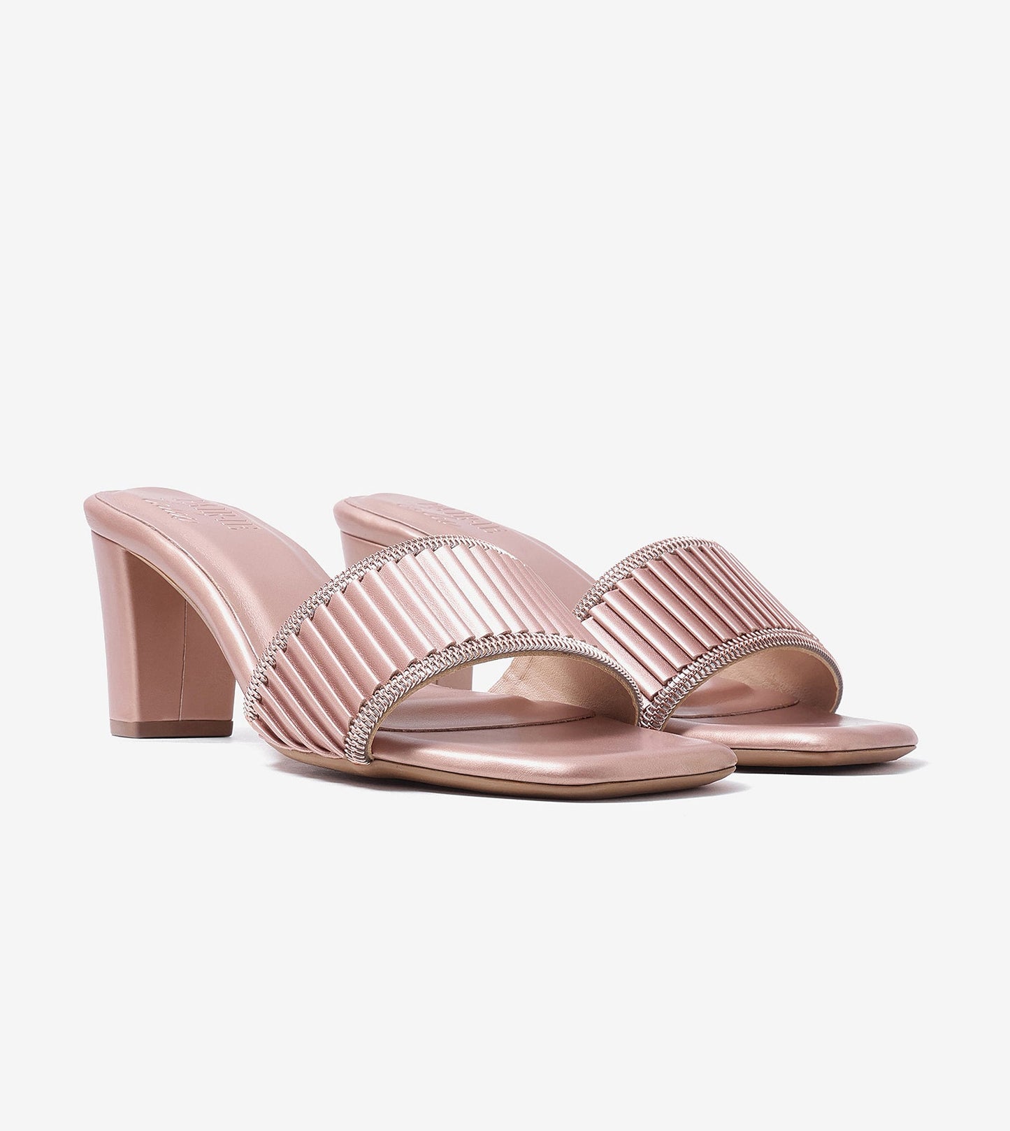 Pleated Strap Block Heel Slides - Rose Gold