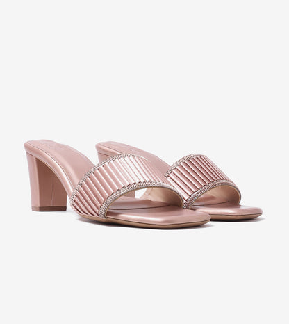 Pleated Strap Block Heel Slides - Rose Gold