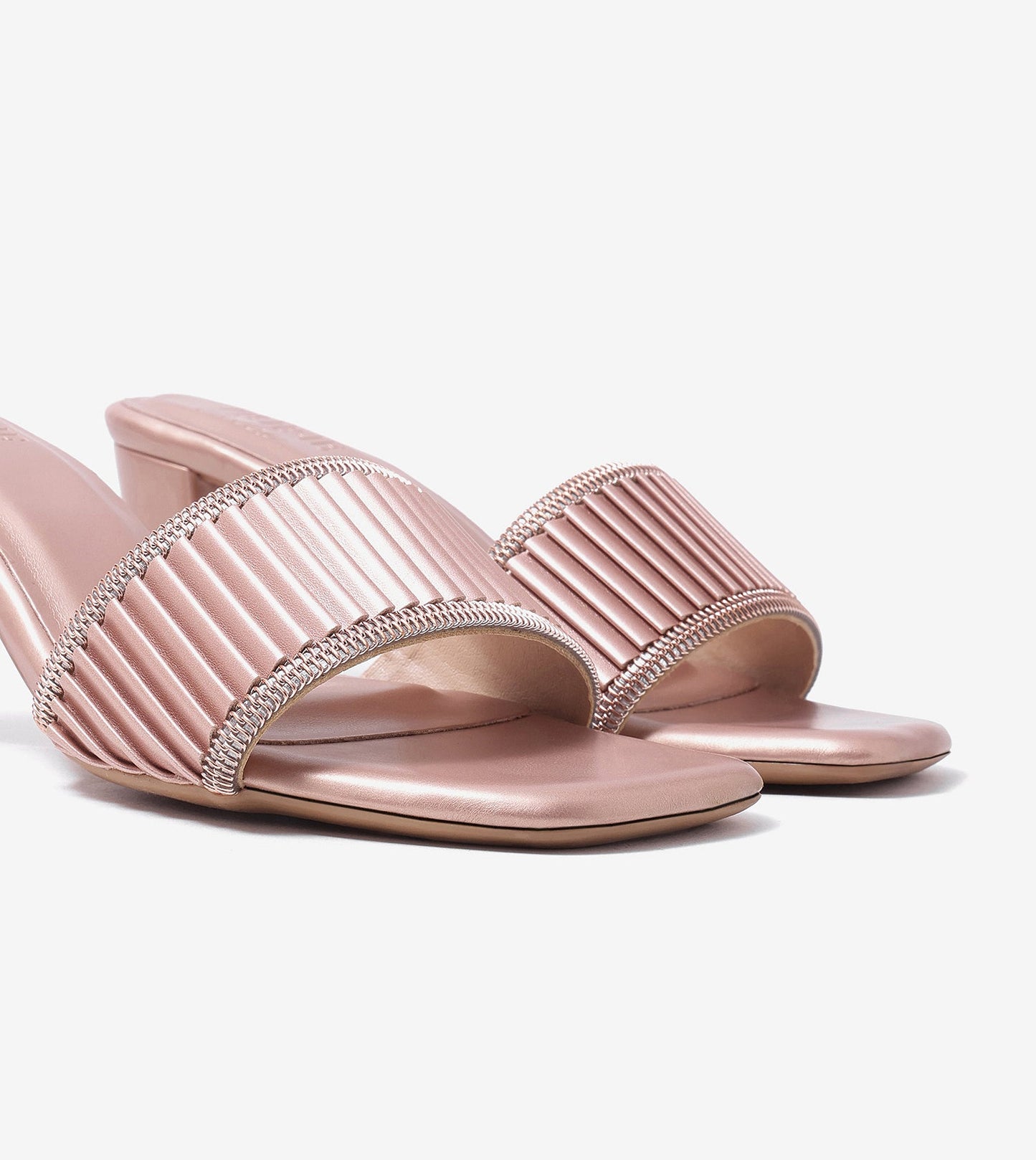 Pleated Strap Block Heel Slides - Rose Gold