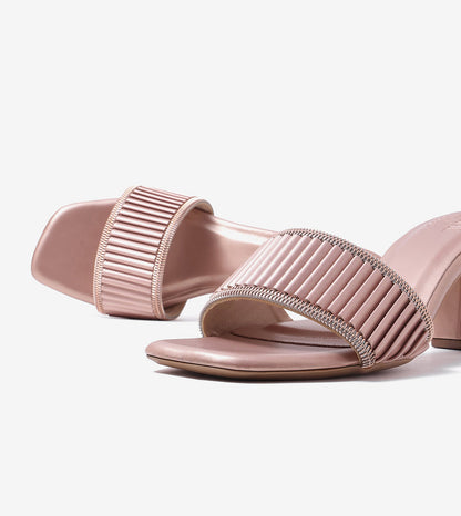 Pleated Strap Block Heel Slides - Rose Gold