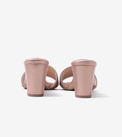 Pleated Strap Block Heel Slides - Rose Gold