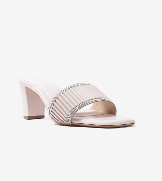 Pleated Strap Block Heel Slides - Beige