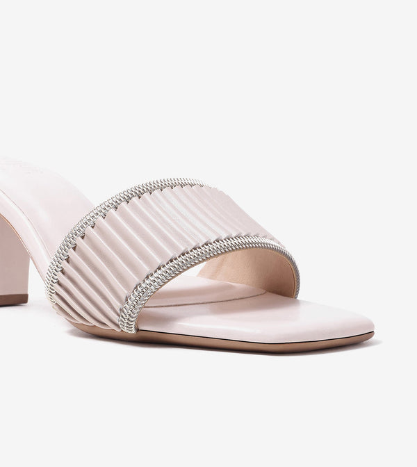 Pleated Strap Block Heel Slides - Beige