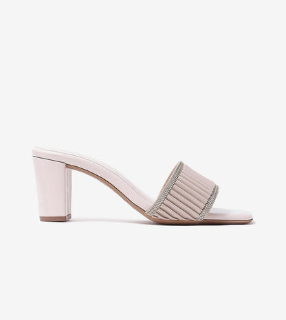 Pleated Strap Block Heel Slides - Beige