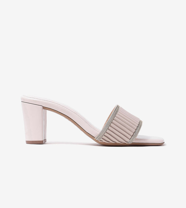 Pleated Strap Block Heel Slides - Beige