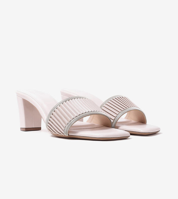 Pleated Strap Block Heel Slides - Beige