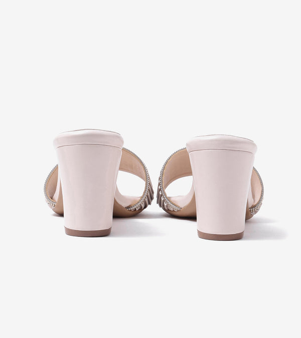Pleated Strap Block Heel Slides - Beige