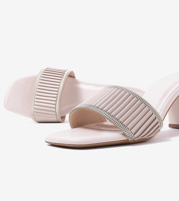 Pleated Strap Block Heel Slides - Beige