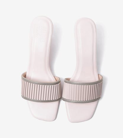 Pleated Strap Block Heel Slides - Beige