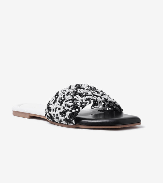 Textured Strap Slides Flat Sandal - Black