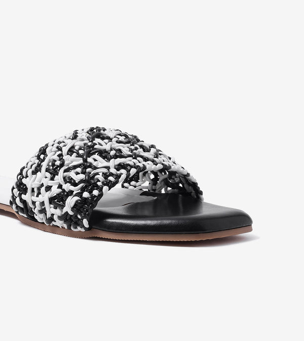 Textured Strap Slides Flat Sandal - Black