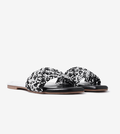 Textured Strap Slides Flat Sandal - Black