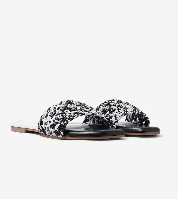 Textured Strap Slides Flat Sandal - Black