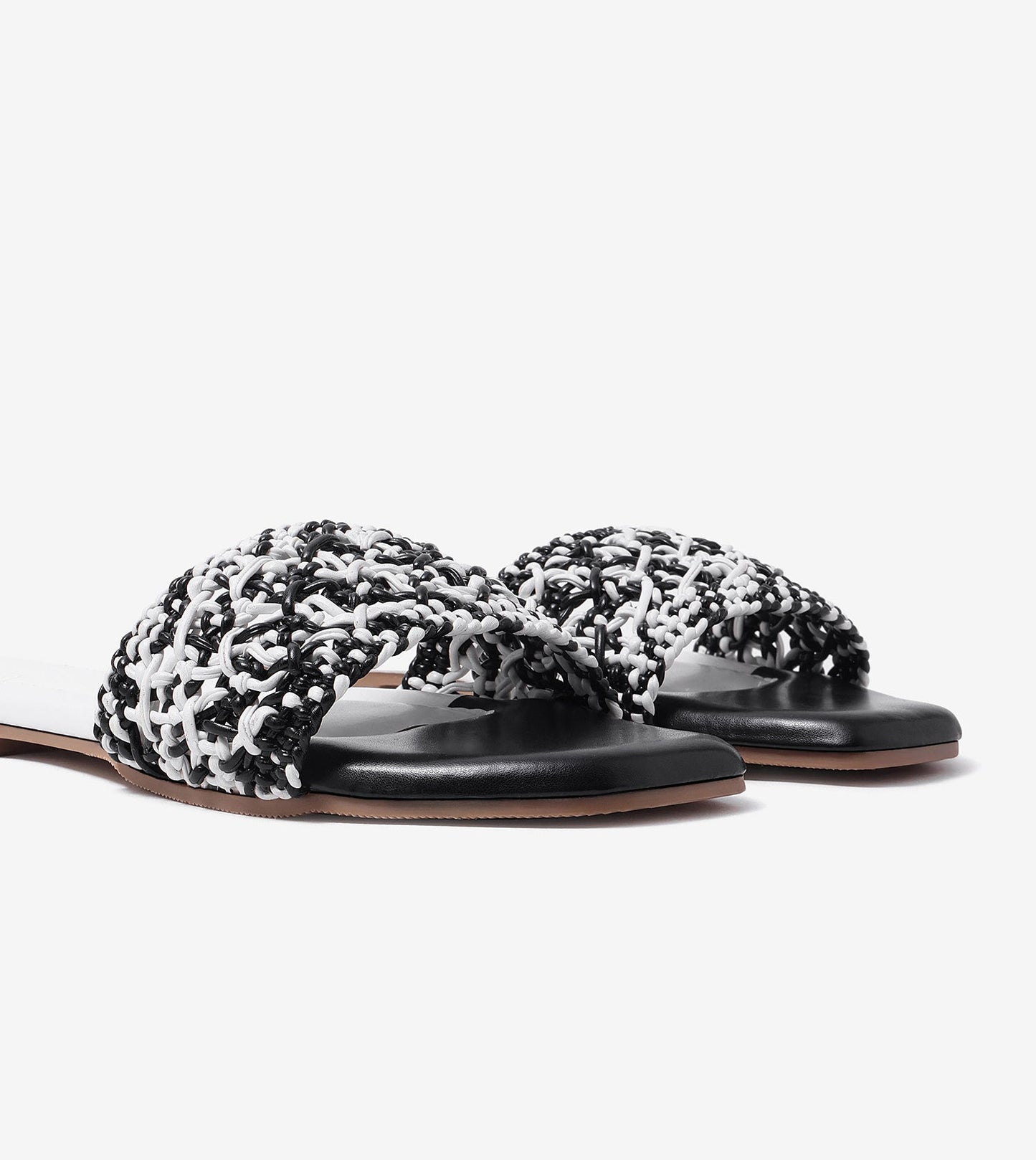 Textured Strap Slides Flat Sandal - Black