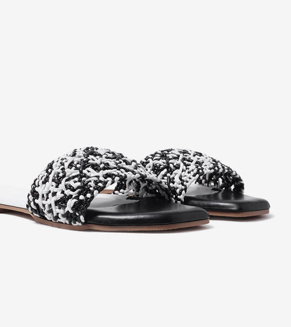 Textured Strap Slides Flat Sandal - Black