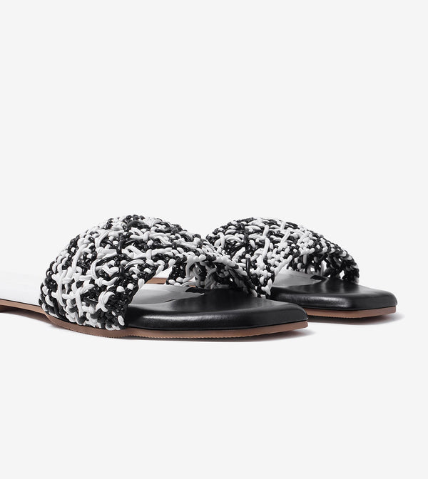 Textured Strap Slides Flat Sandal - Black