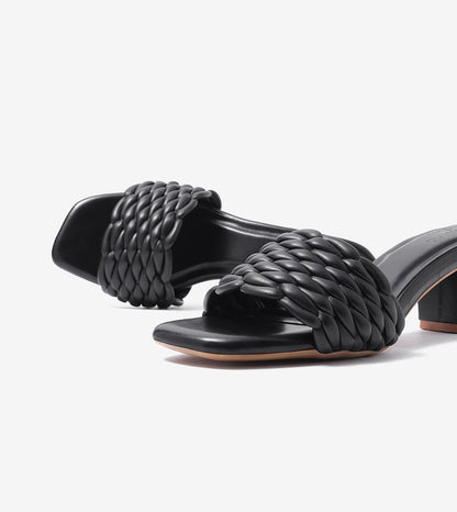 Braided Statement Block-Heel Mules - Black