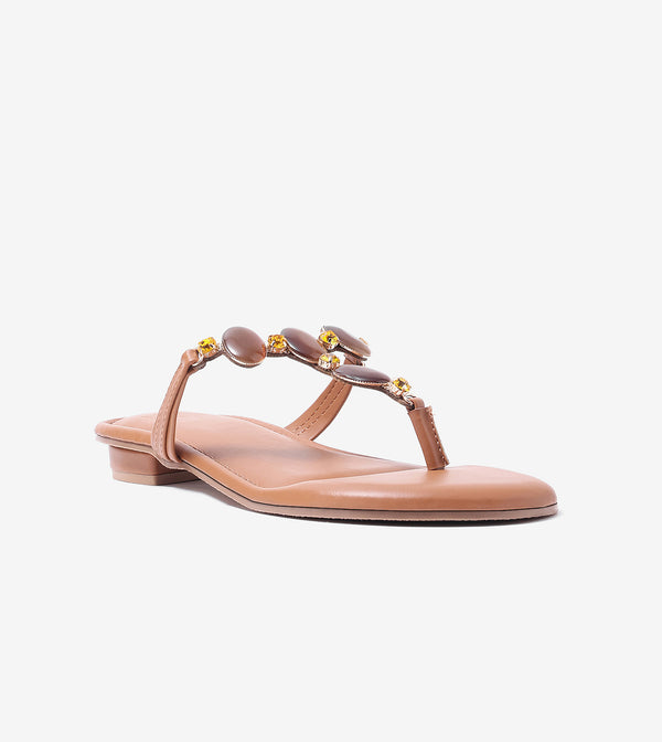 Embellished T-Strap Beaded Flats - Tan