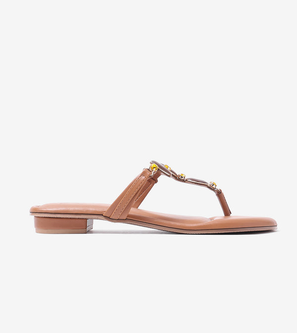 Embellished T-Strap Beaded Flats - Tan