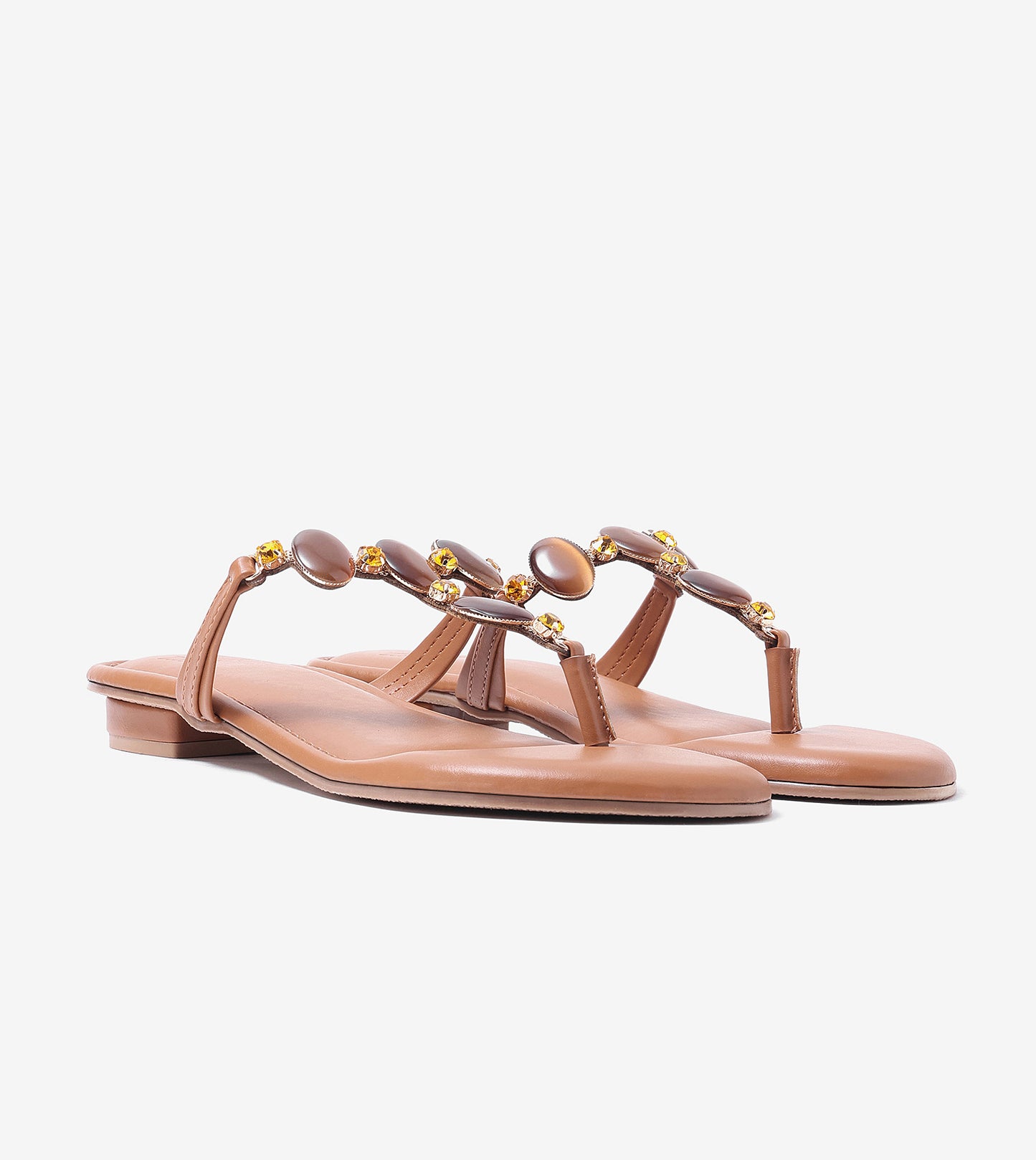 Embellished T-Strap Beaded Flats - Tan