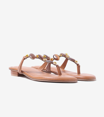 Embellished T-Strap Beaded Flats - Tan