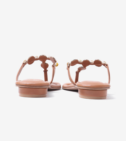 Embellished T-Strap Beaded Flats - Tan