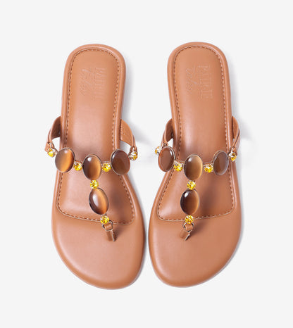 Embellished T-Strap Beaded Flats - Tan