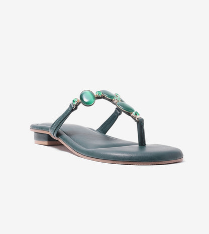 Embellished T-Strap Beaded Flats - Bottle Green