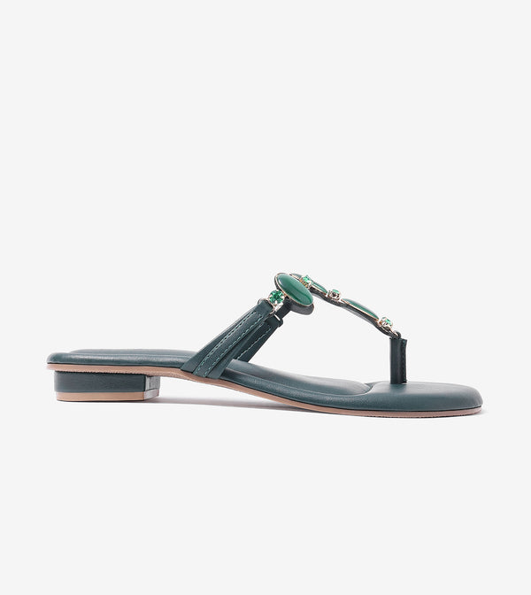 Embellished T-Strap Beaded Flats - Bottle Green