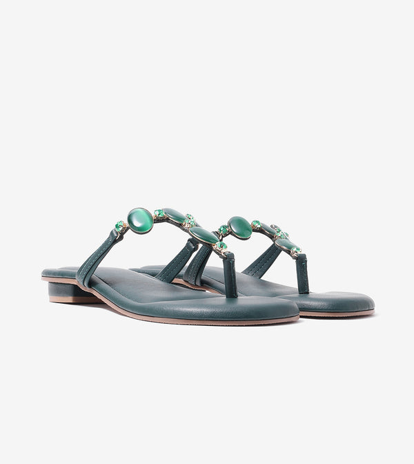 Embellished T-Strap Beaded Flats - Bottle Green