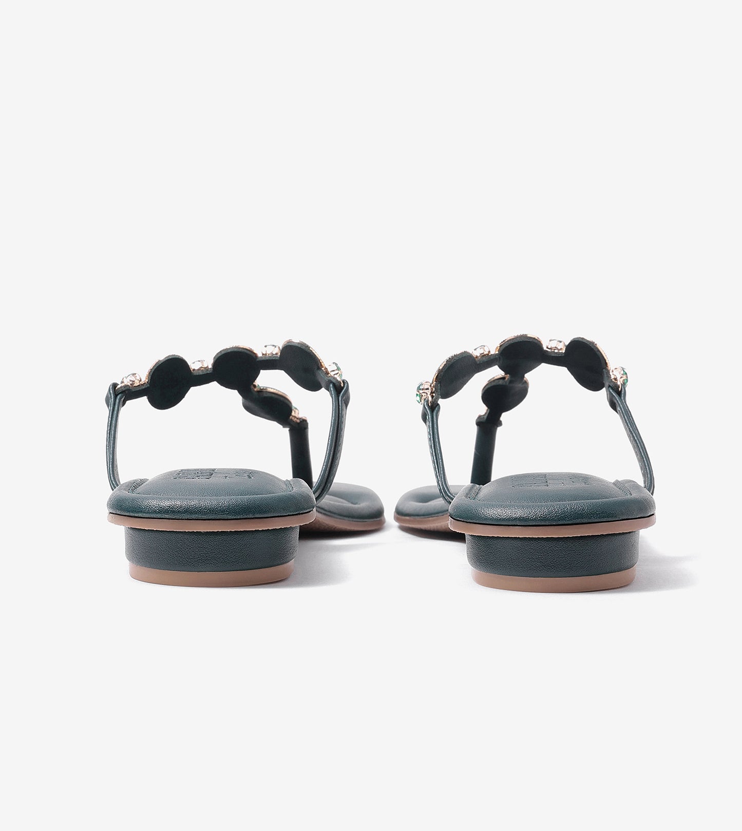 Embellished T-Strap Beaded Flats - Bottle Green