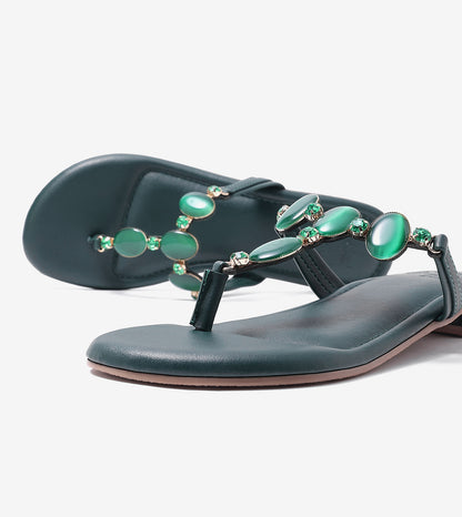 Embellished T-Strap Beaded Flats - Bottle Green